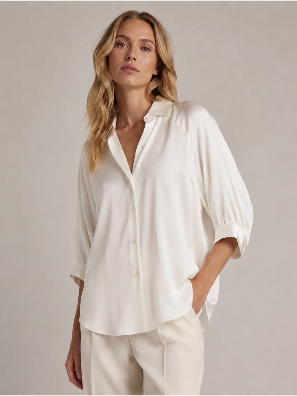 ATM 100% Silk Ecru Button Front Blouse Top L NWT Luxury Minimalist